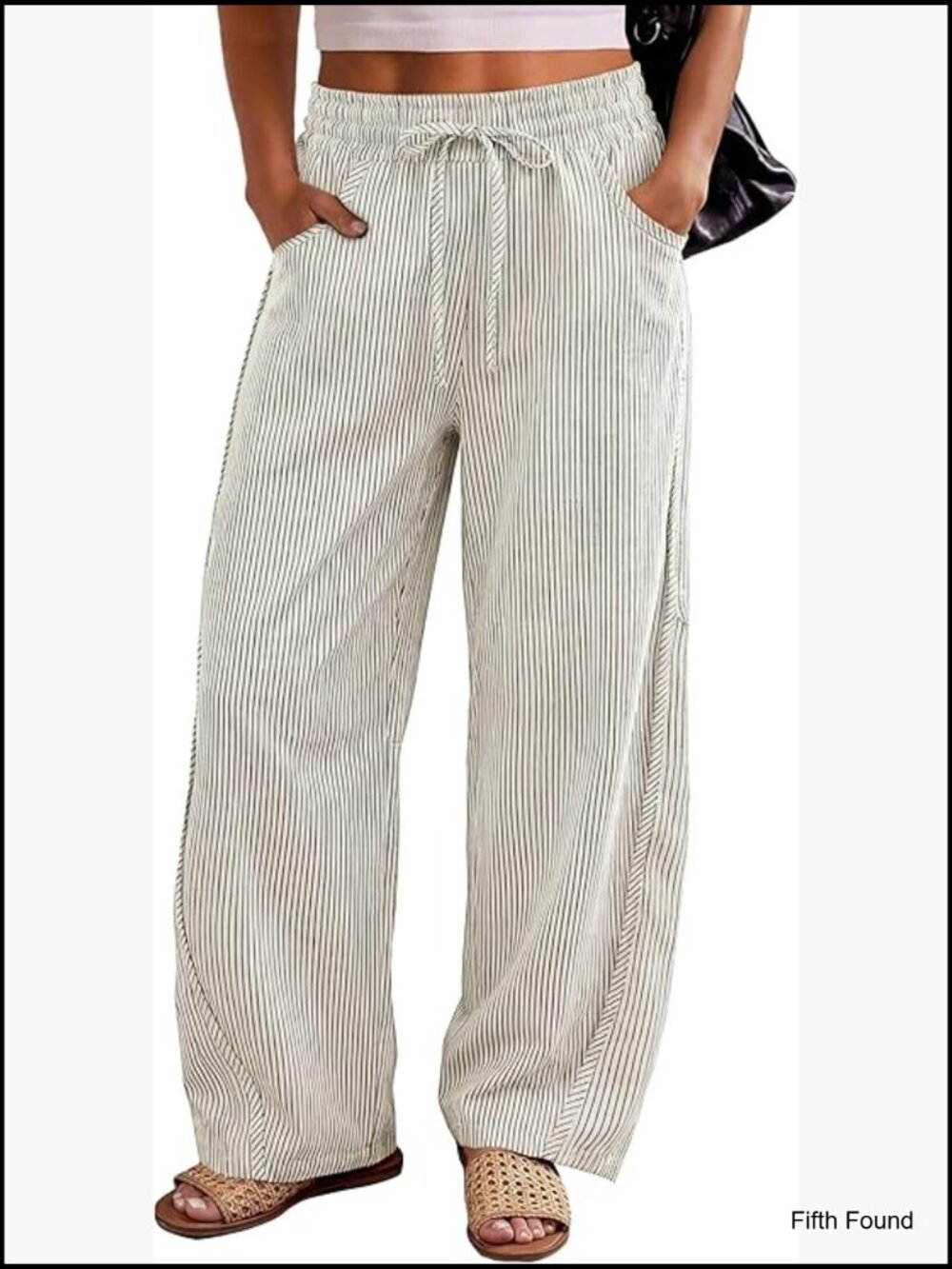 Womens Striped Barrel Casual Pants Drawstring Wide Leg Trousers with Pockets